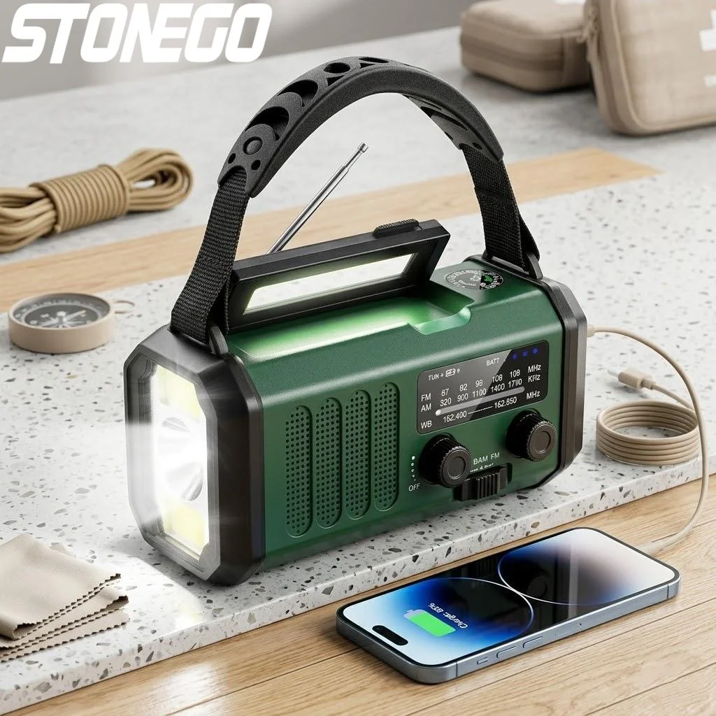 

Аварийное солнечное радио с ручным динамо-генератором AM/FM, USB-C зарядкой, повербанком 10000 мАч, фонариком, SOS-сигналом, компасом для выживания на природе