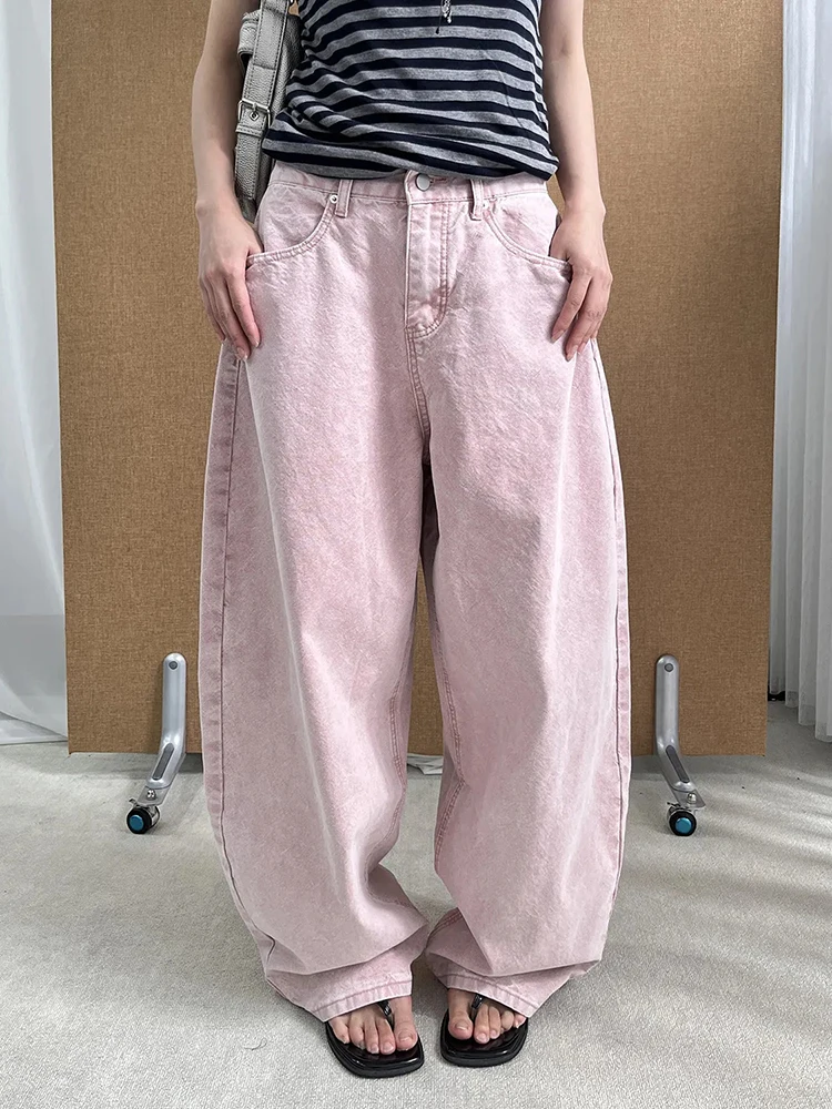 REDDACHiC Buckle‑back Barrel Jeans Women Cute Pink Solid Vintage Wash Loose Fit Low Waist Denim Baggy Pants Trendy Streetwear