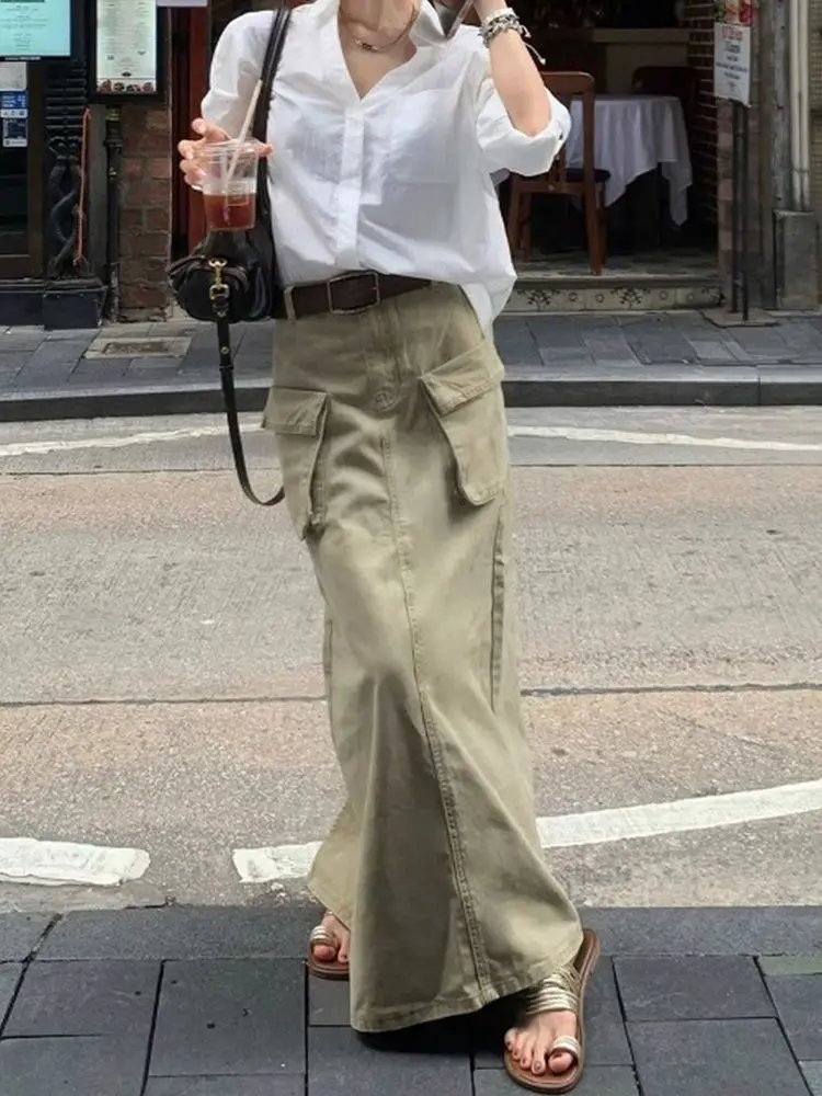 

American Retro Loose Slim Versatile Long Skirt Women's Summer New Solid Color Back Slit Workwear Style Pocket Denim Skirt