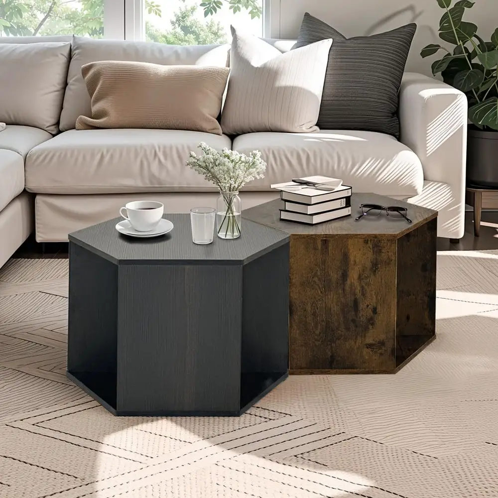 Zeshoekige salontafel bijzettafel nachtkastje antiek hout geometrische vorm opslag 23,62 inch