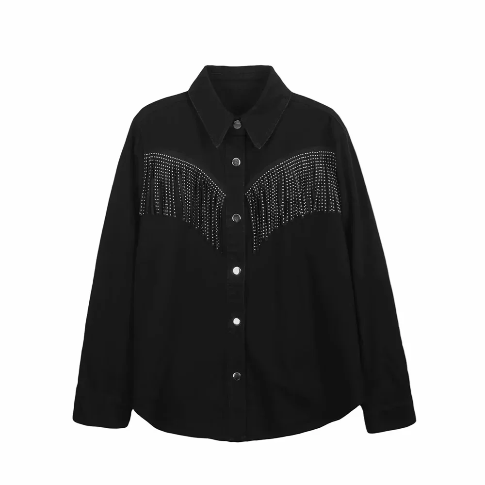 

LIBIELIY LIBIELIY 2025 Loose Trendy Rivet Tassel Long Sleeved Denim Jacket For Autumn And Winter Women's New Collection