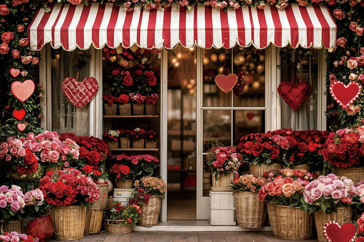 Flower Shop Photography Backdrop Red Pink Floral Valentine’s Day Heart Valentine’s Day Party Decor Festival Portrait Background