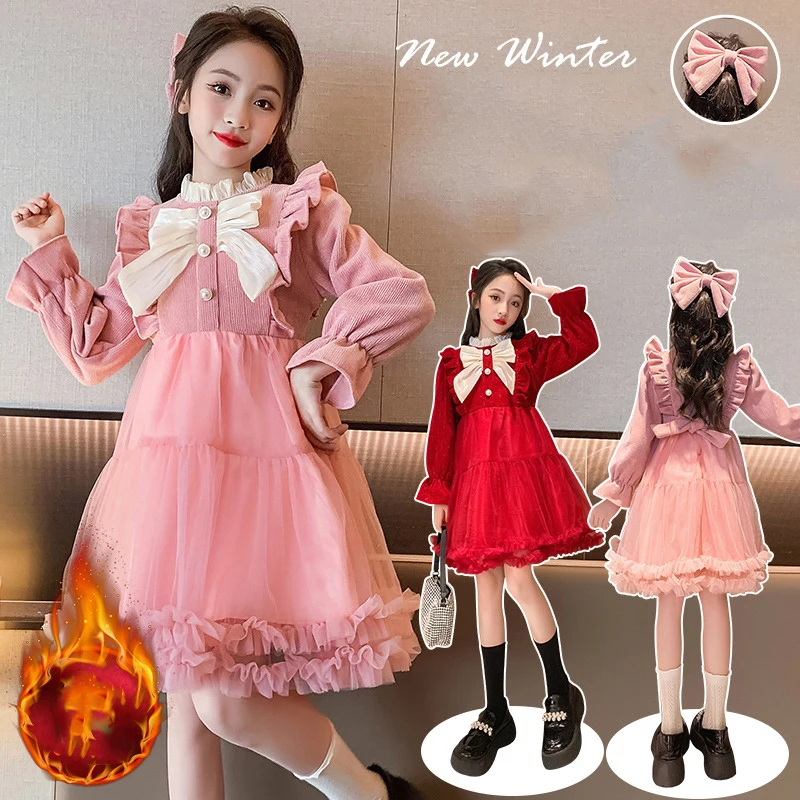 

Autumn Winter Korean Harajuku Sweet Girls Princess Dress Kawaii Bow Party Dress Long Sleeve Ball Gown Solid Children's Clothing