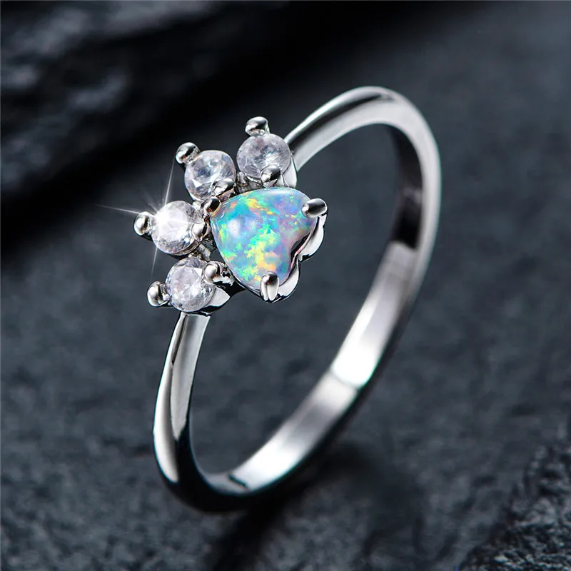 Cute Female Small White Fire Opal Stone Ring Fashion Heart Wedding Jewelry For Women