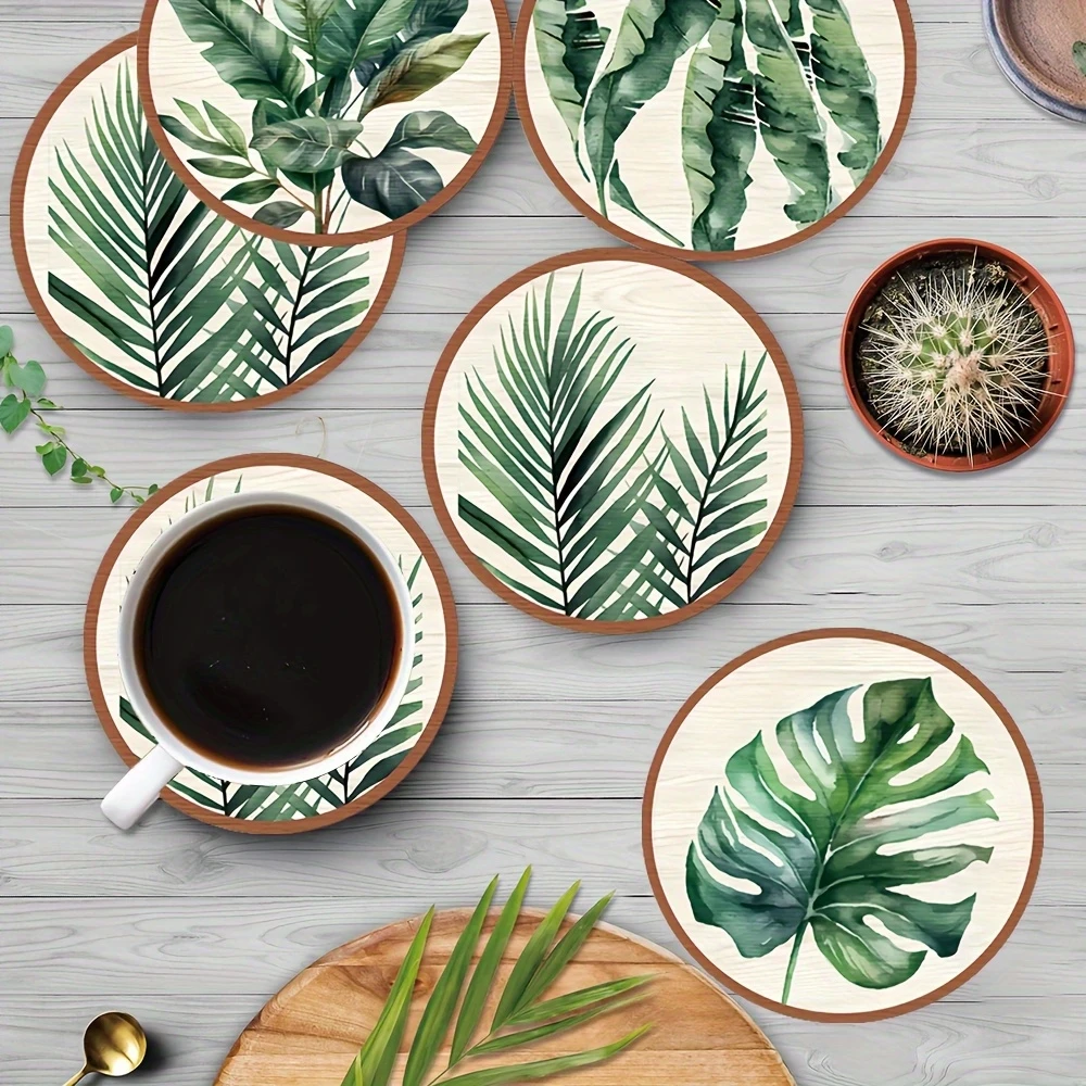 

5 шт. деревянных подставок с узором в виде листьев тропических растений, креативное художественное украшение для дома, для повседневного использования на кухне, в офисе, на рабочем столе
