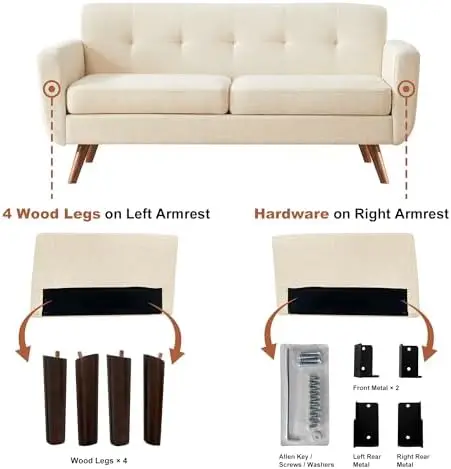 65' Beige Button Tufted Loveseat Sofa, Modern Living Room Couch