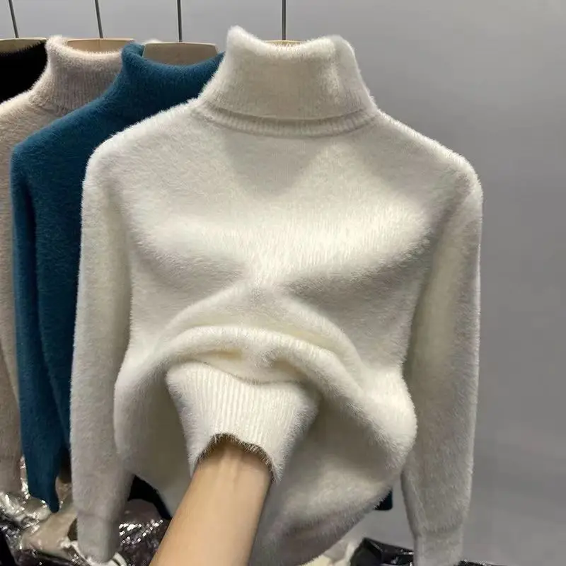 Suéter de cuello alto para mujer, Top de visón sintético para mujer, camisas de fondo cálidas y gruesas de felpa sólida, prendas de punto básicas, jerséis térmicos