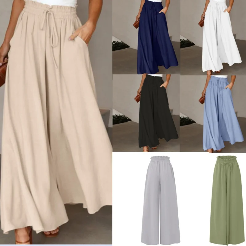 Europe and America Cross Border Summer New Women's Wide-Leg Pants Elastic Waistband Wide Leg High Waist Long Culottes for Women