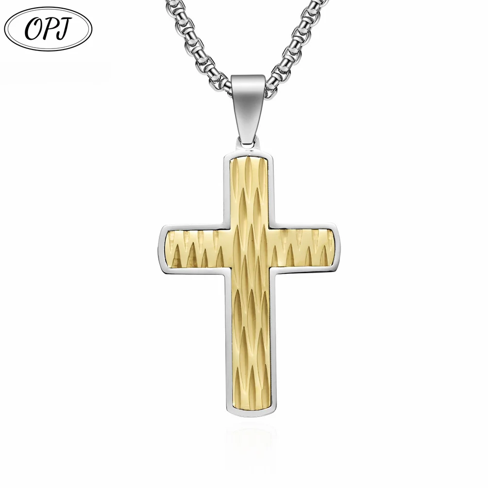 OPJ Wholesale Texture Surfaced Cross Pendant Stainless Steel Necklace Christian Jesus Religious Jewelry  Source Factory