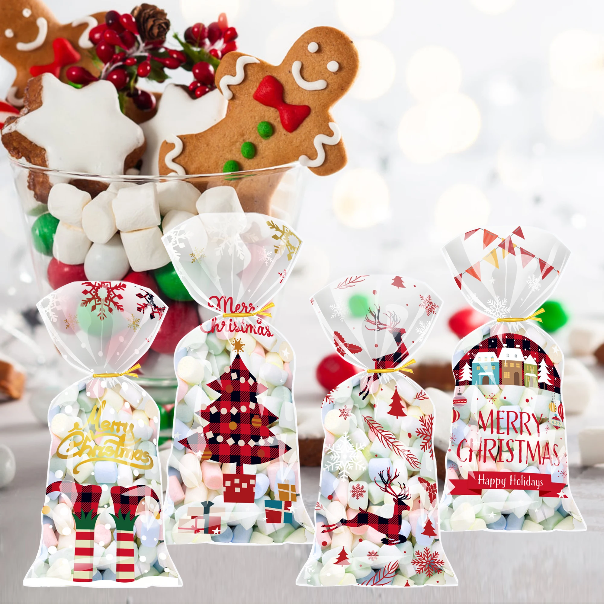 

SL009 120pcs Merry Christmas Party Plastic OPP Bag Cartoon Snowflake Disposable Bags Xmas Candy Cookies Gift Packing Decorations