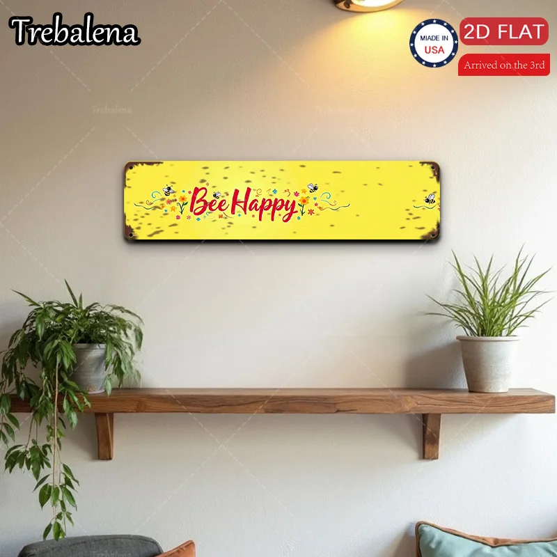 1 قطعة علامة معدنية، 4 × 16 بوصة "فن حائط مسطح Bee Happy 2D، علامة صفراء ريفية لديكور المنزل"