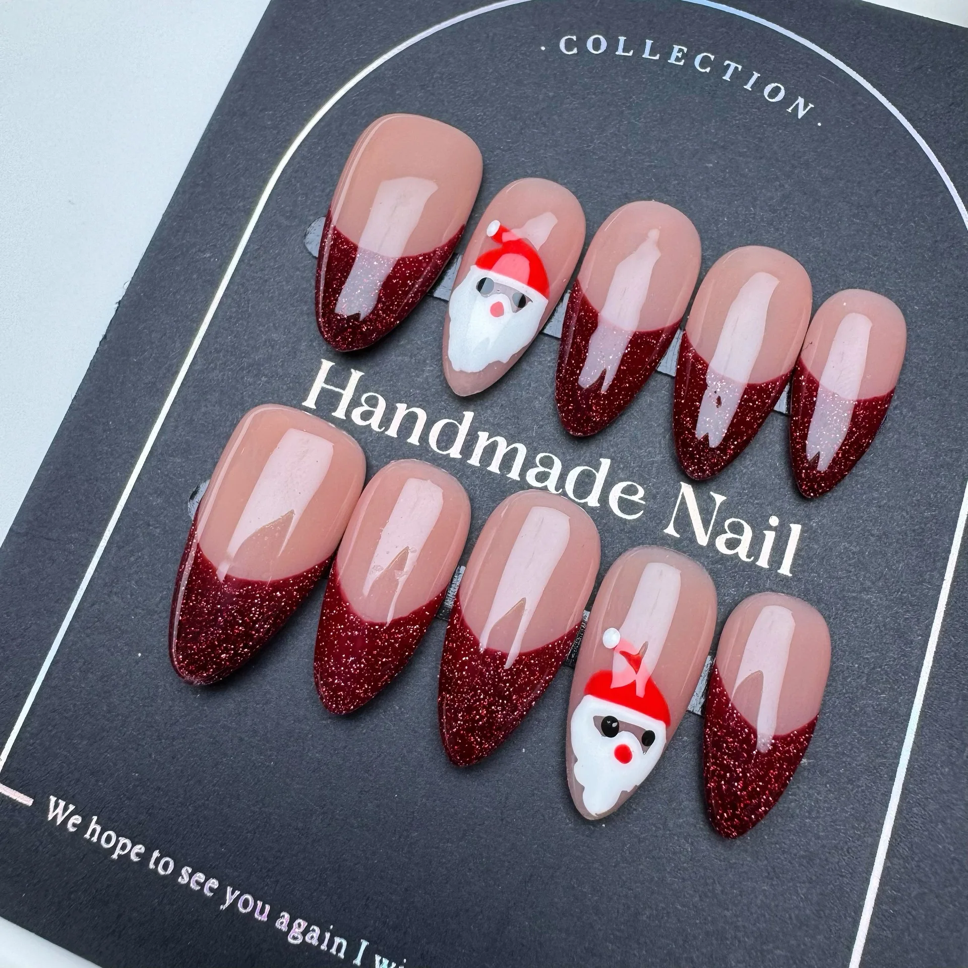 

10pcs Handmade Press on Nails Christmas Red Almond French Full Coverage Nail for Women&Girl Short Removable Wearable Fake Nail
