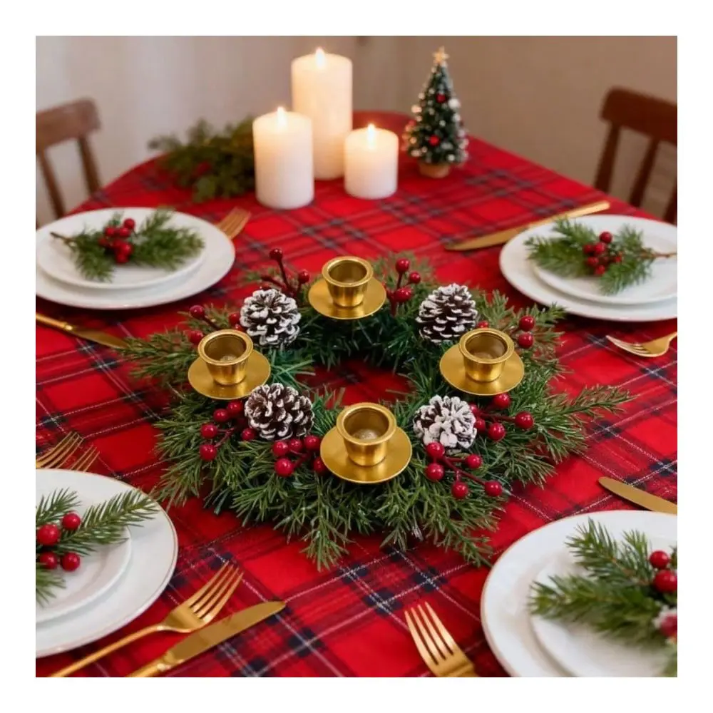 Candle Wreath Candle Holder With Pine Branches, Pine Cones, Red Berries, Gold Candle Cup, Holiday Centerpiece Decor