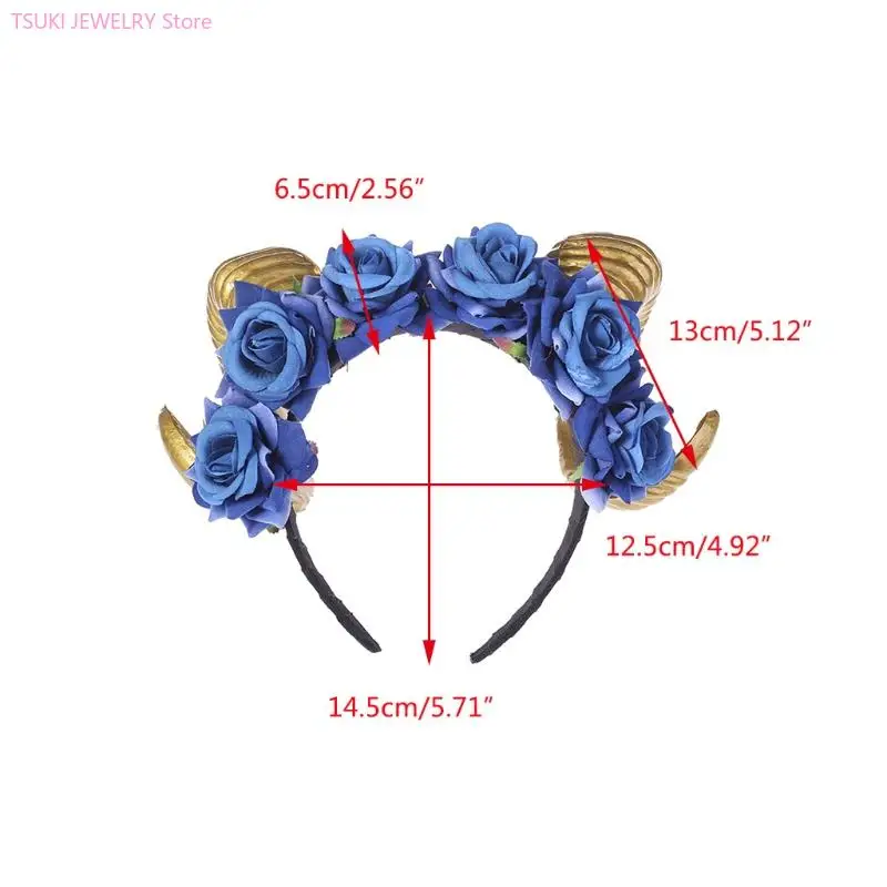 62KE Girls Sheep Horn leadwear Rose Flower Horn Halloween Cosplay Assplay