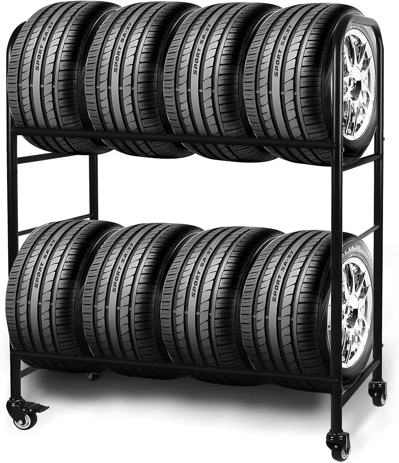 رف تخزين إطارات المرآب المتحرك مع بكرات، يحمل 8 إطارات، أرفف معدنية قابلة للتعديل #1