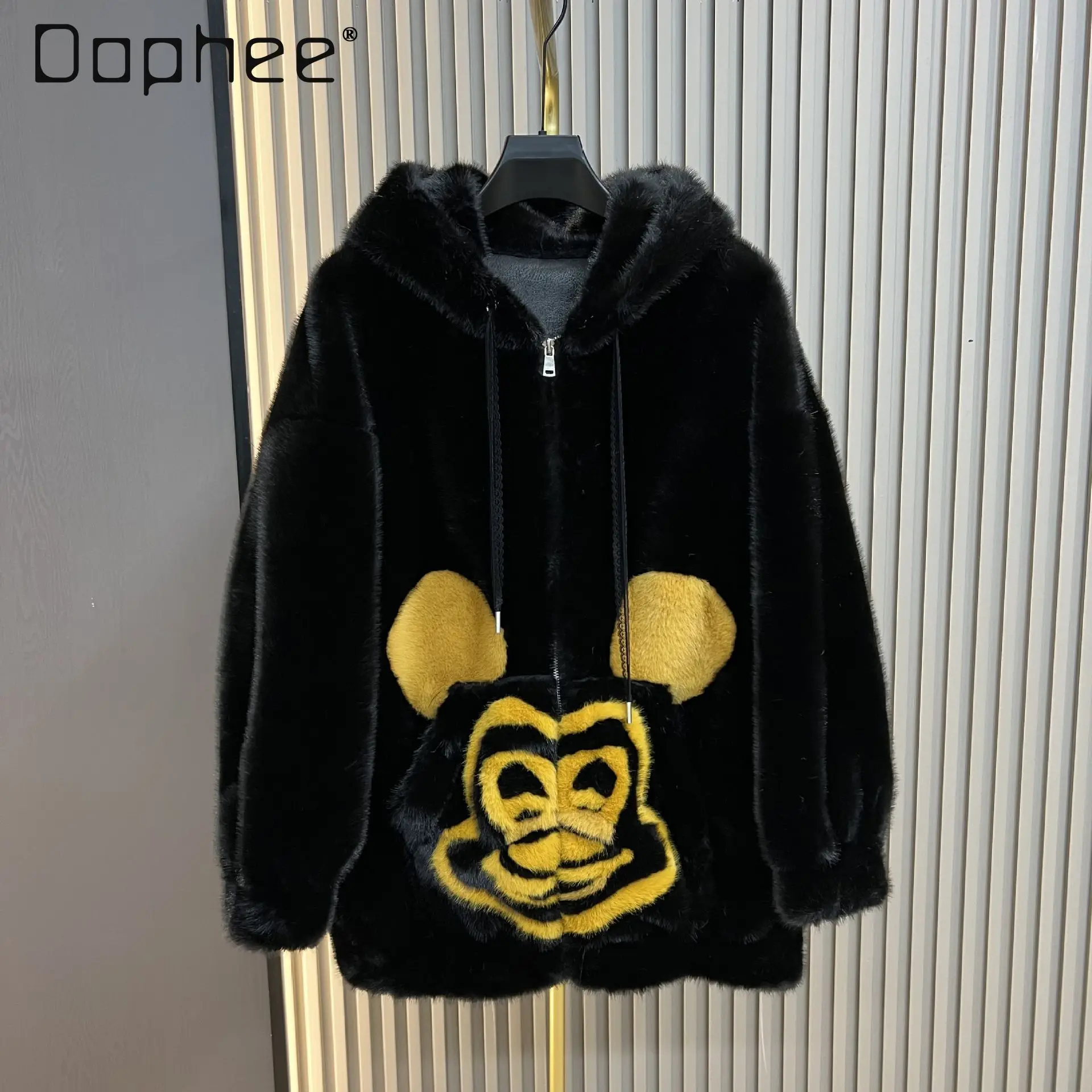 

Autumn Winter 2025 New European Velvet Color Block Hooded Casual Cartoon Pattern Zipper Women's Faux Fur Coat Furry Sweatshirts