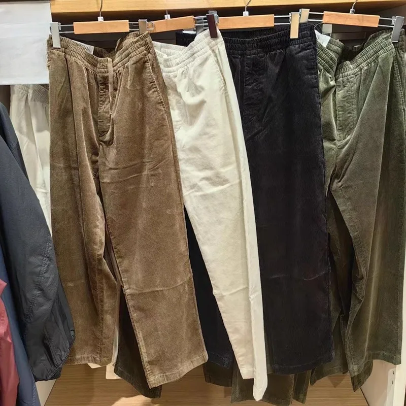

Corduroy Work Pants Elastic Waist Straight Leg Casual Trousers Autumn Winter New Sle High Waist Straight Tube Pants for Men...