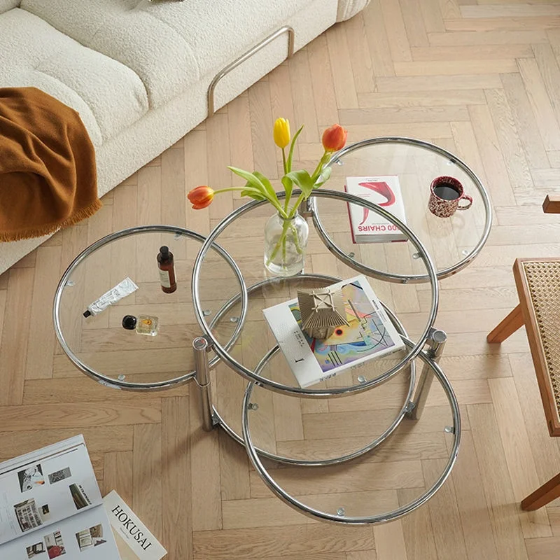 IHOME Rotating Creative Small Coffee Table Ins Wind Round Tempered Glass Side Table Living Room Stainless Steel Home Small Table