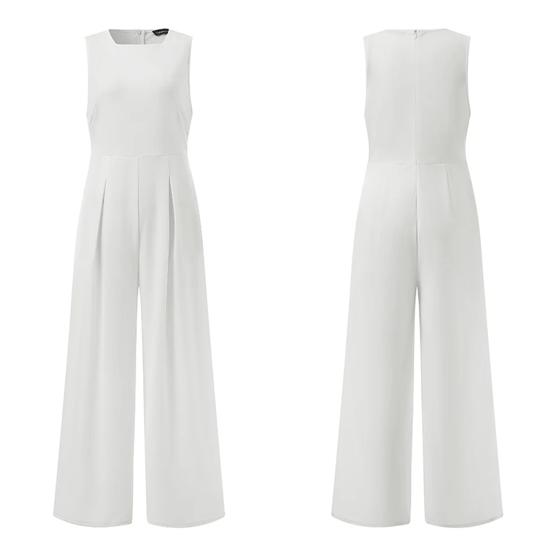 Celmia Elegant Slim Wide Leg Pants Overalls 2023 Fashion Pleated Casual Pockets Long Rompers Women Summer Sleeveless Jumpsuits