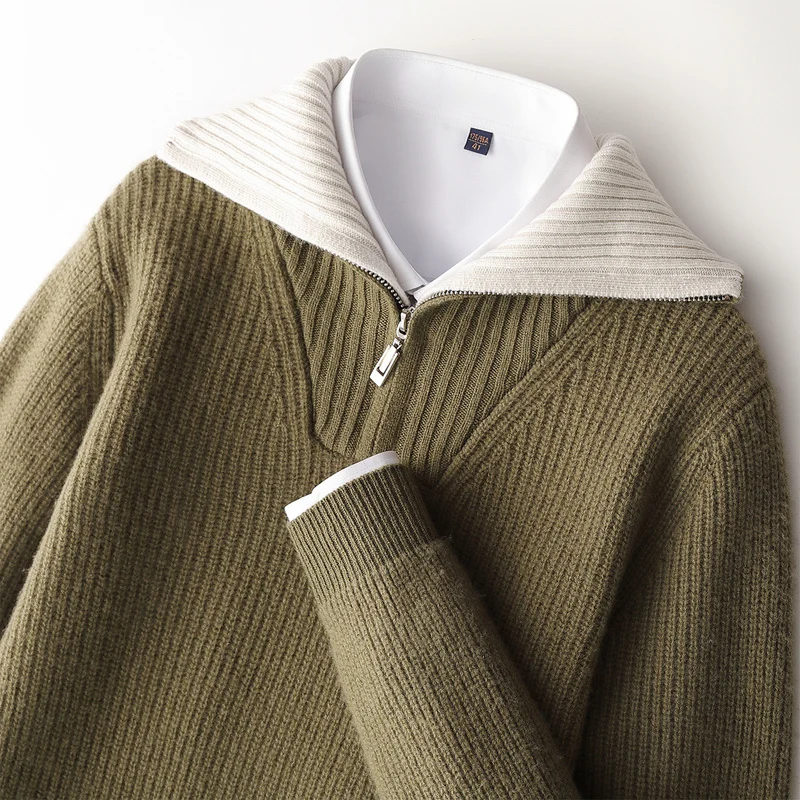 

CHICUU Autumn Winter Men's Thick 100% Wool Sweater Zipper Turn Down Collar Pullover Warm Soft Smart Casual Style Cashmere Knit