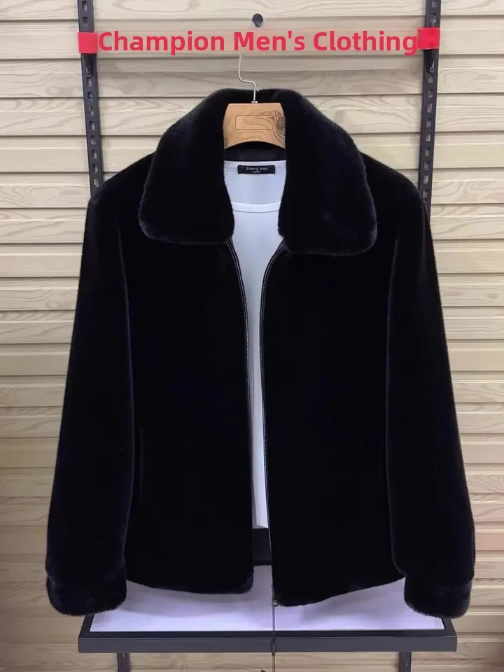 

Winter Men's Thiened Warm Fur Jaet Collar Flip Outerwear Faionable Versatile High-End Cool Stand Fit Long Sve Zipper