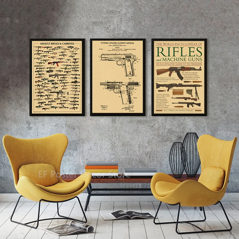 Poster de Arma Vintage para Fãs Militares, Rifle, Casa, Sala, Clube, Arte, Decoração da Parede, Máquina, Pintura Retro, Compre 3 Obter 4