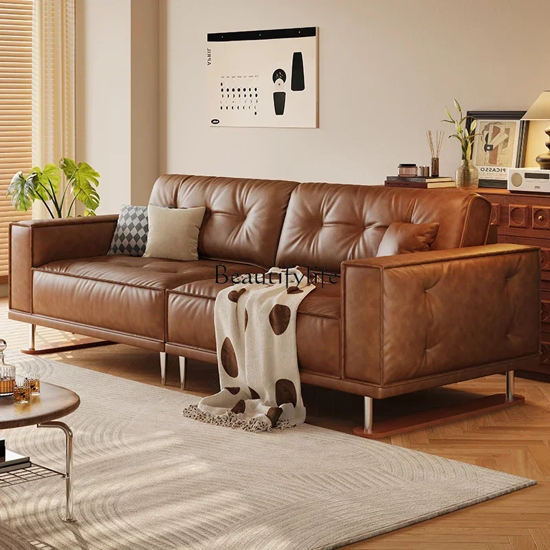 أريكة جلدية من الشمع الزيتي LJYretro شقة صغيرة فرنسية من القرون الوسطى أسفل أريكة من الخشب الصلب من الطبقة الأولى من جلد البقر المستقيم