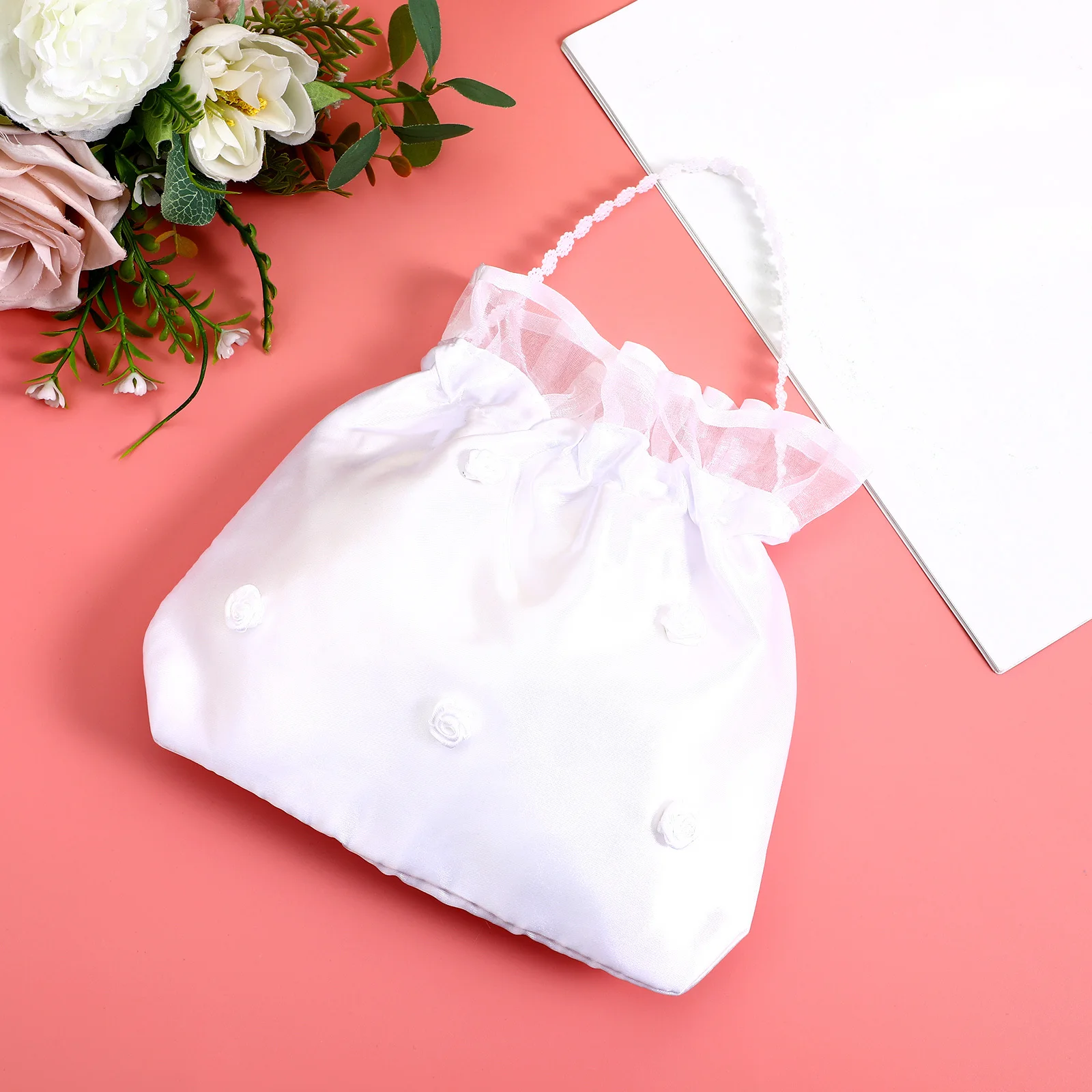 Schicke Braut-Dolly-Tasche, weiße Kordelzug-Clutch für Hochzeit, Brautjungfer, Blumenparty, Kommunion, elegante Handtasche