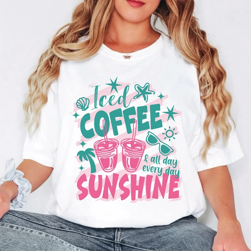 Women Summer Iced Coffee & Sunshine Graphic Print T-Shirt Aesthetic Casual Short Sleeve Oversized Crewneck Tee Tops