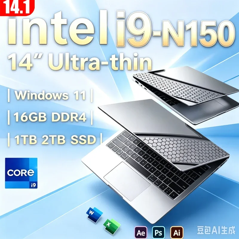 14.1 Inch Ultra Slim Laptop Intel Core I9-N150 32GB 2TB Gaming Computer PC Windows11 Gamer Office Ultra Slim Notebook 1080P HD
