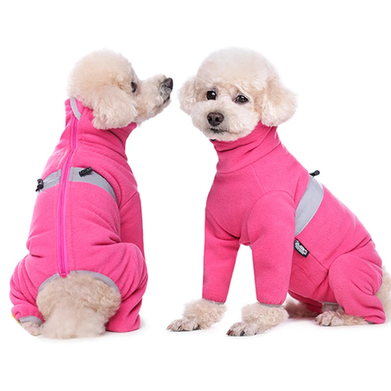 Fleece Dog Pajamas for Small Dogs Thicken Polar Fleece Windproof Winter Dog Coat Reflective Zip-Up Puppy Outfit Cuttable Belly