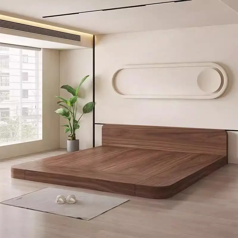Customized King Bed Solid Wood Customized Tatami Japanese-style Low Loft Floor Leisure Bed Round Corne