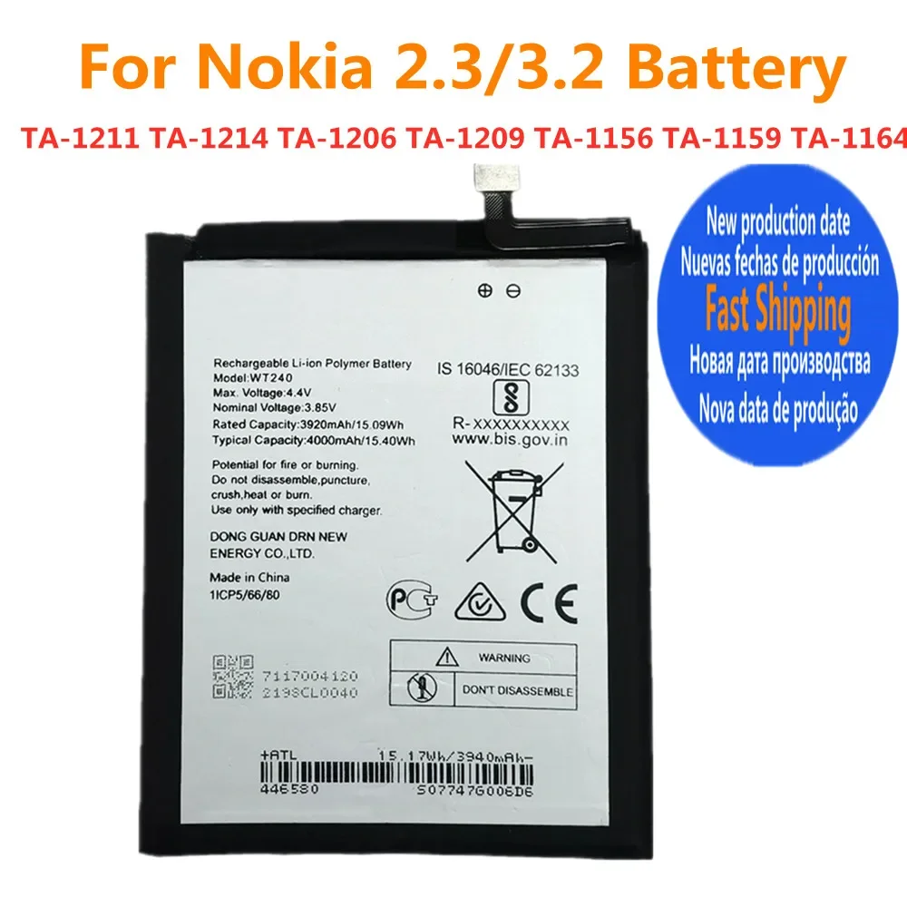 

New WT240 Original Phone Battery For Nokia 3.2 2.3 TA-1156 TA-1159 TA-1164 TA-1214 TA-1206 TA-1209 High Quality Battery 4000mAh