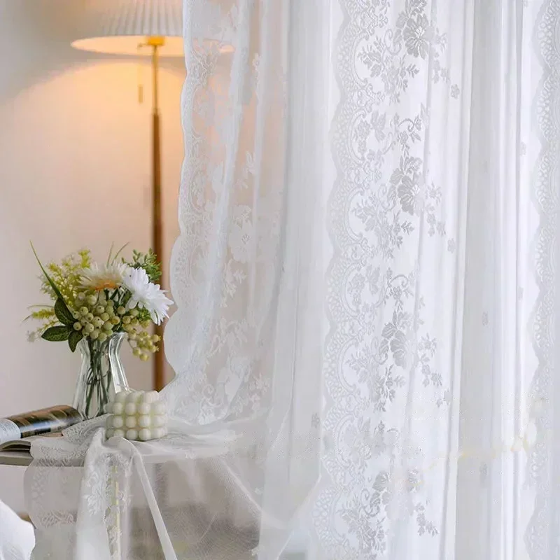 1PC French White Lace Curtain Voile Window Treatments for Living Room Bedroom Door Curtains Floral Tulle Drapes Balcony Screen