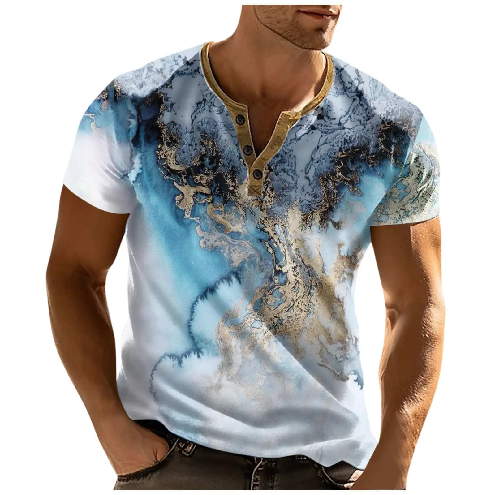 

Tie-Dye Color Men's Henley T-Shirt Vintage Simple Creative Short Sleeve Tees Fashion Oversize Button-Down Breathable Top For Men