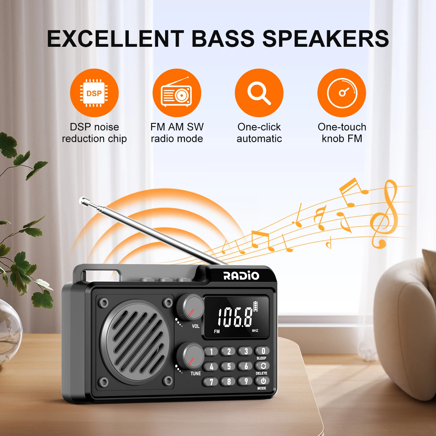 

Full-Band Portable Radio w/1500mAh Fast Charge, Sleep Timer, AM/FM/SW, Shockproof for Outdoor Camping