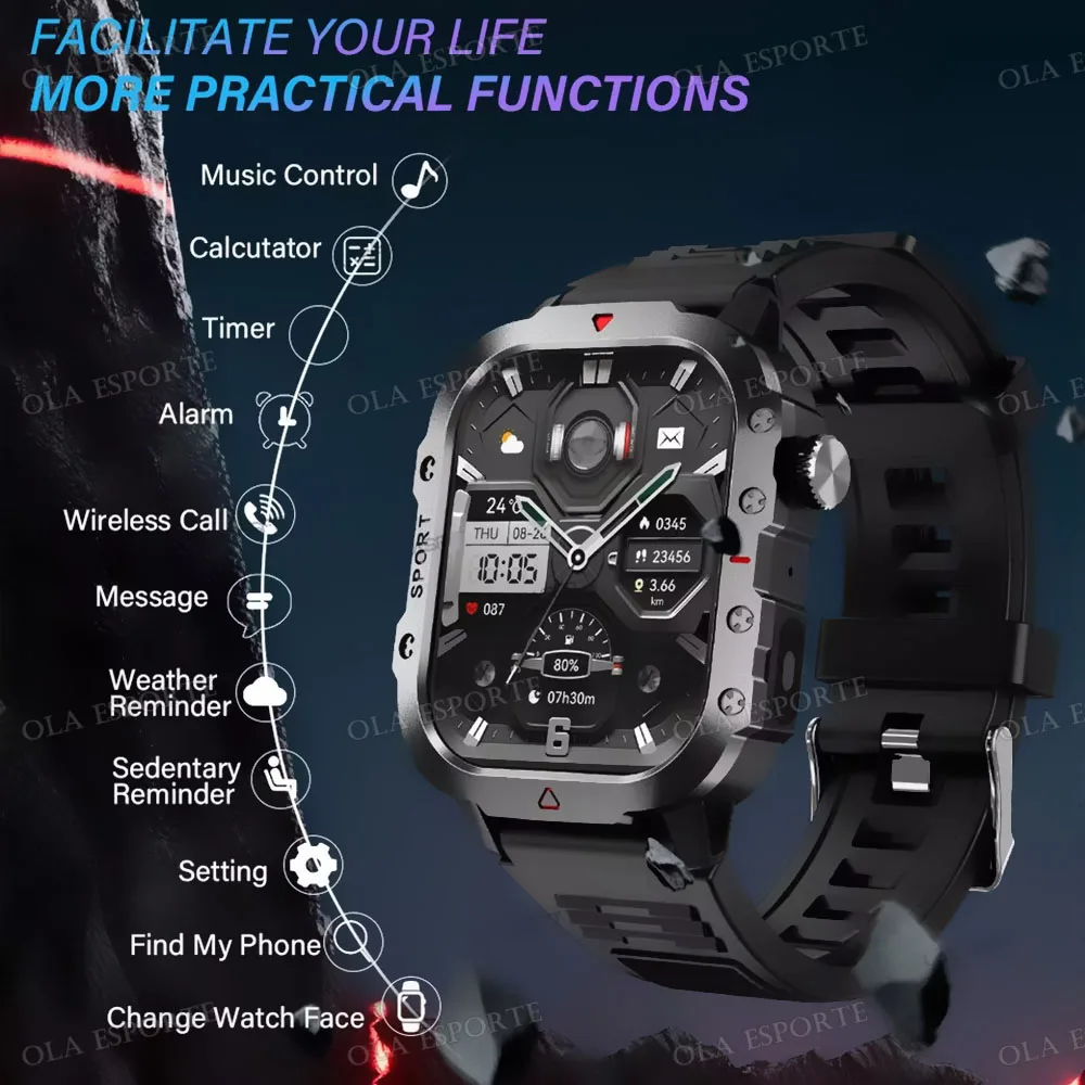 2025 جديد العسكرية Smartwatch GPS الرجال مصباح يدوي مقاوم للماء في الهواء الطلق الدم الأكسجين الرياضة المقتفي HD بلوتوث دعوة ساعة ذكية جديد