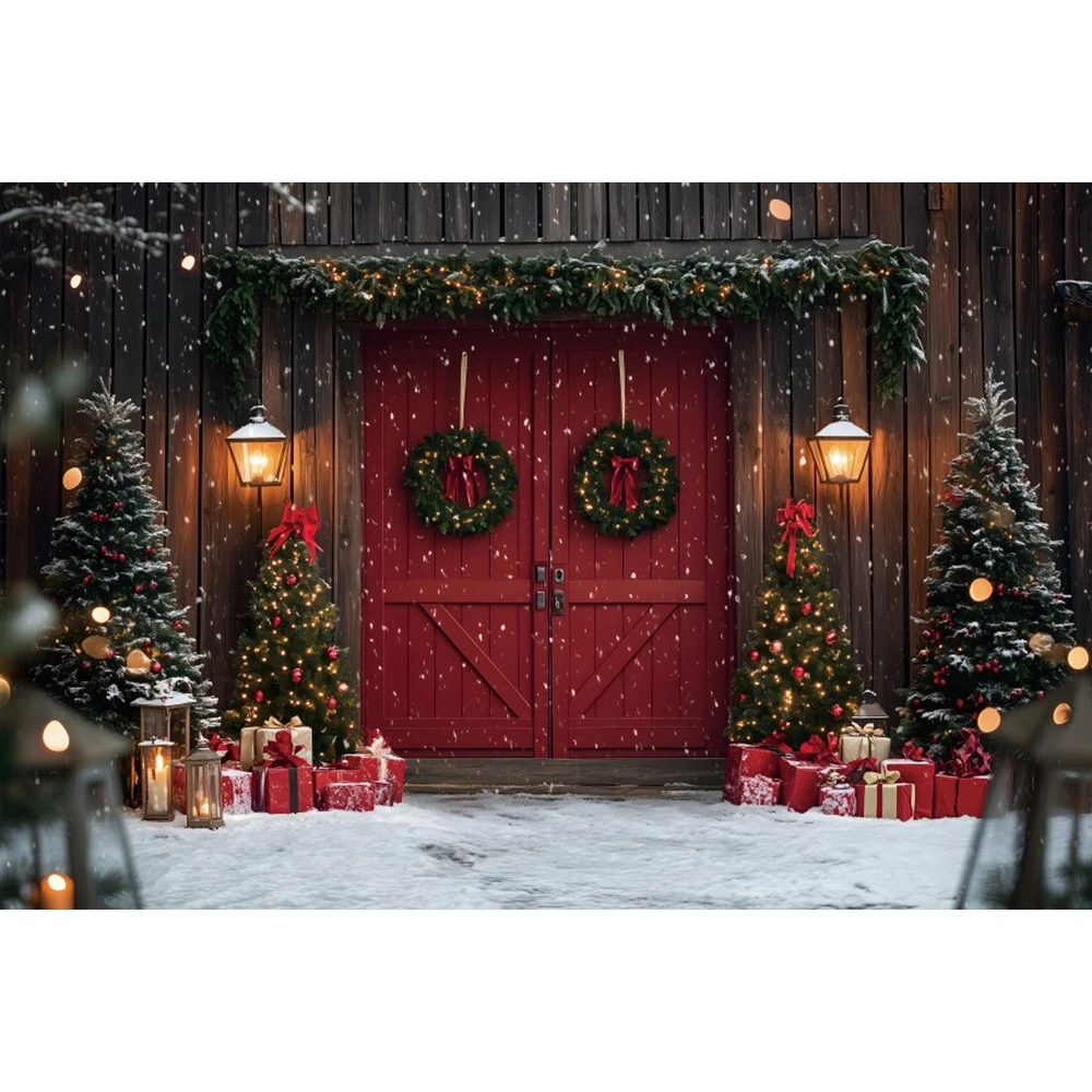 Winter Weihnachten Hintergrund Rote Scheune Holztür Weihnachtsbaum Geschenke Kinder Porträt Familie Party Fotografie Hintergrund Fotostudio