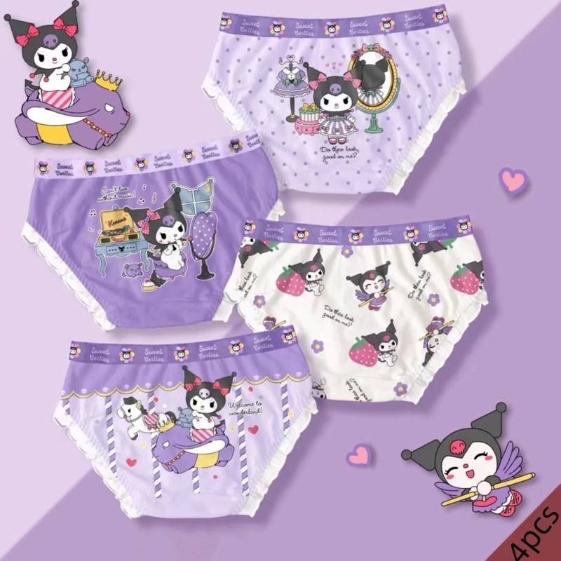 4pcs Sanrio Disney Cotton Underwear Kids Cute Kuromi Anime Print Soft Panties Breathable Cartoon Underwears For Girls