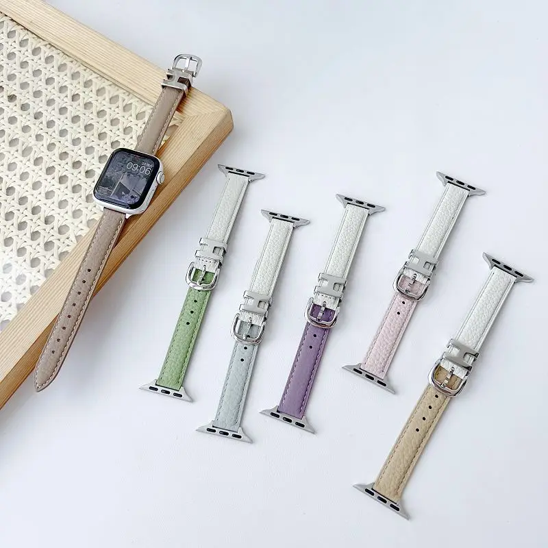 

Тонкий кожаный ремешок для Apple Watch 38 41 42 44 45 46 49 мм, двухцветный кожаный ремешок для часов iWatch S10 9 8 7 6 5