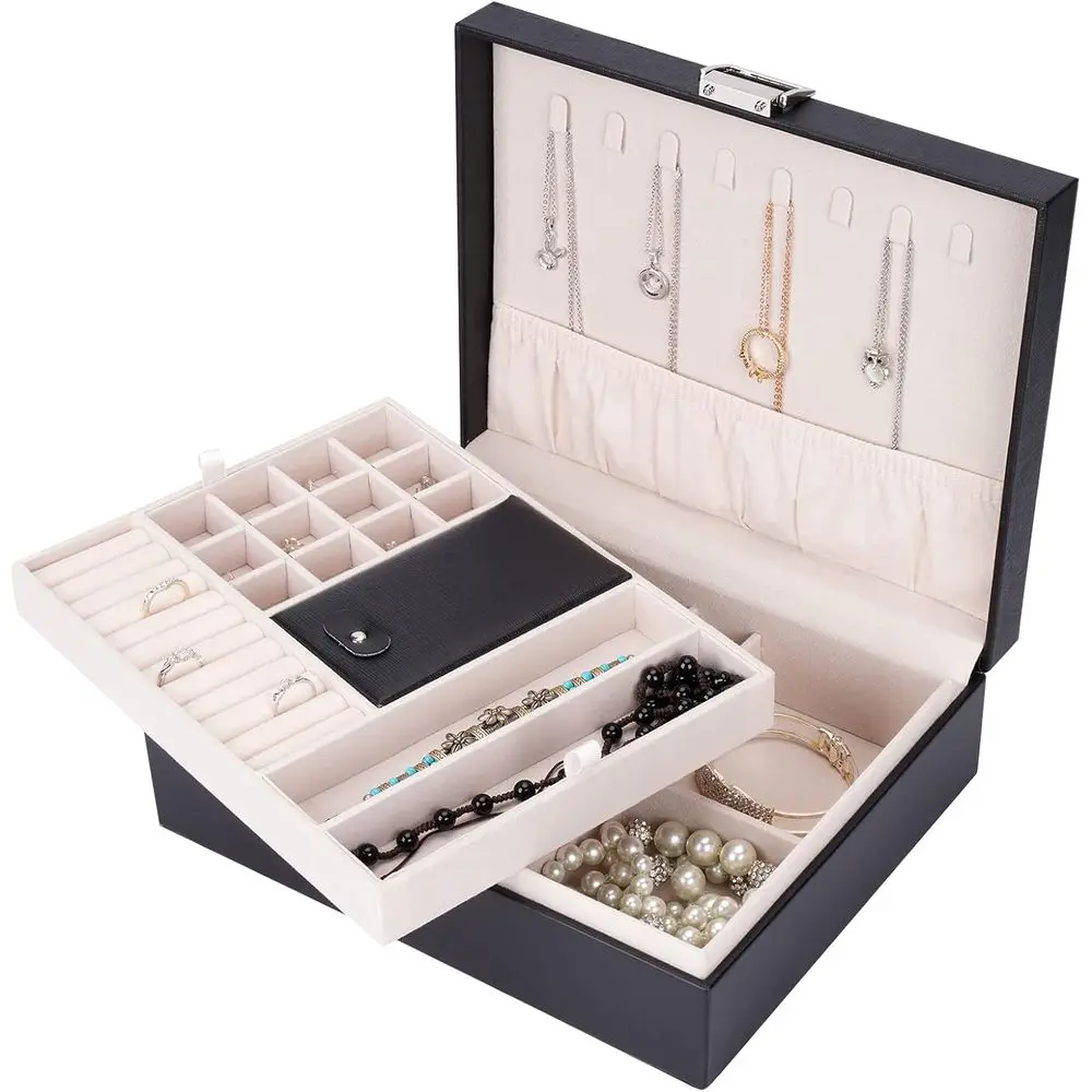 

Compact Black Travel Jewelry Organizer with Necklace Holder and Display Tray