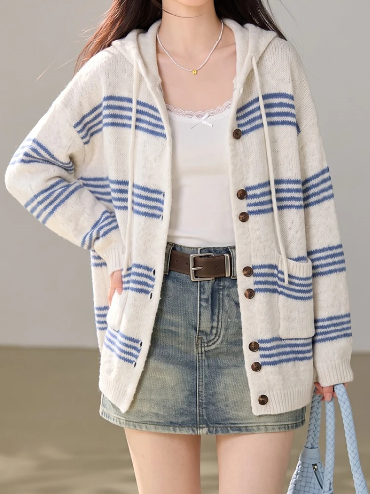 Women Blue Stripes Knit Cardigan Spring Autumn New Arrival Casual Versatile Soft Short Sweater Coat