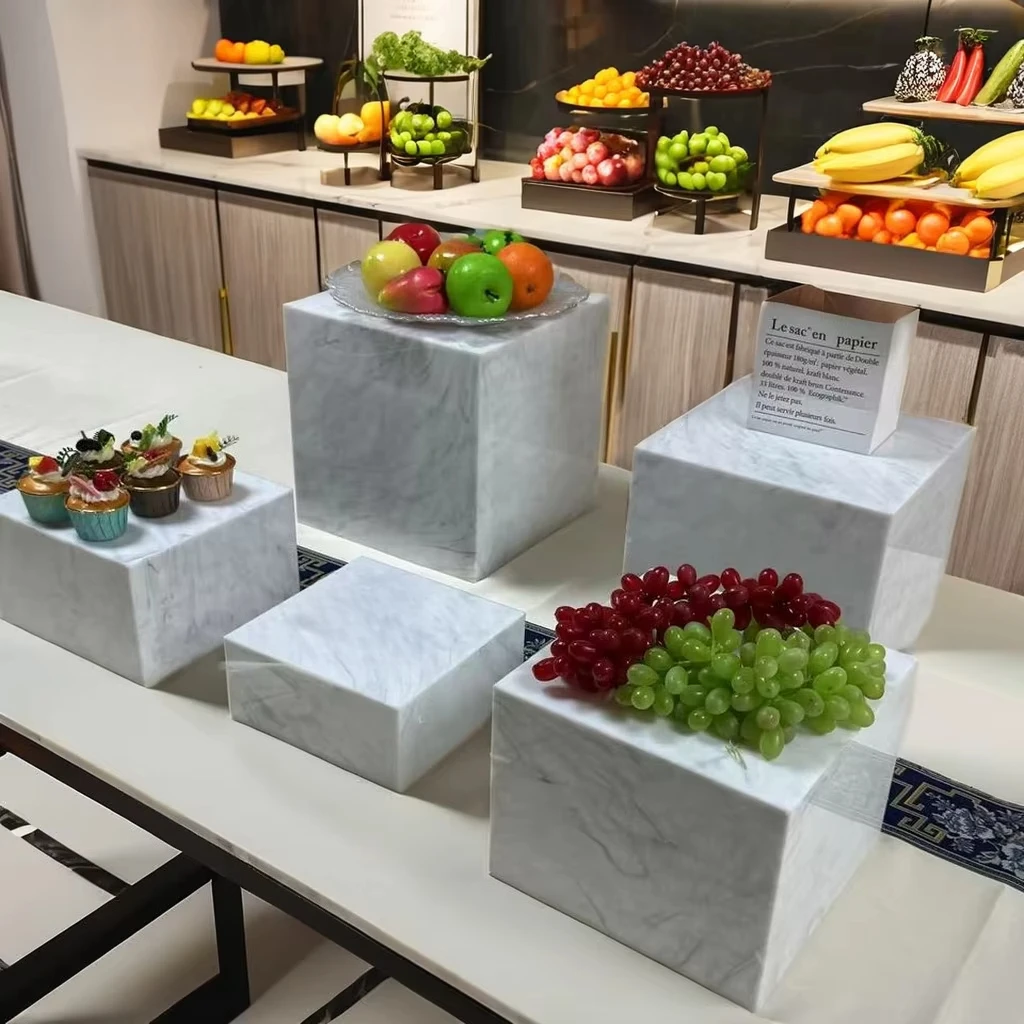 Acrylic Marbling Cube Wedding Buffet Food Display Risers Dessert Table Cold Meal Stand Tea Break Snack Store Decoration