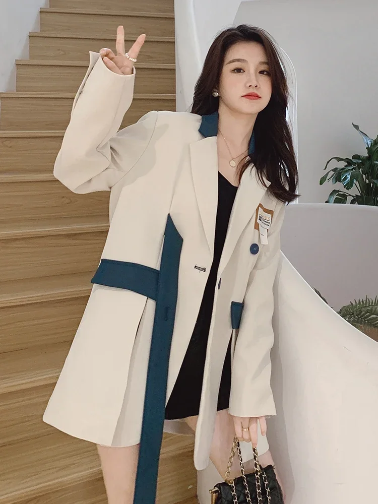 Women White Gothic Blazer Elegant Vintage 90s Fashion Coat with Belt Y2k Suit Jacket Harajuku Long Sleeve Outwear 2000s Clothes