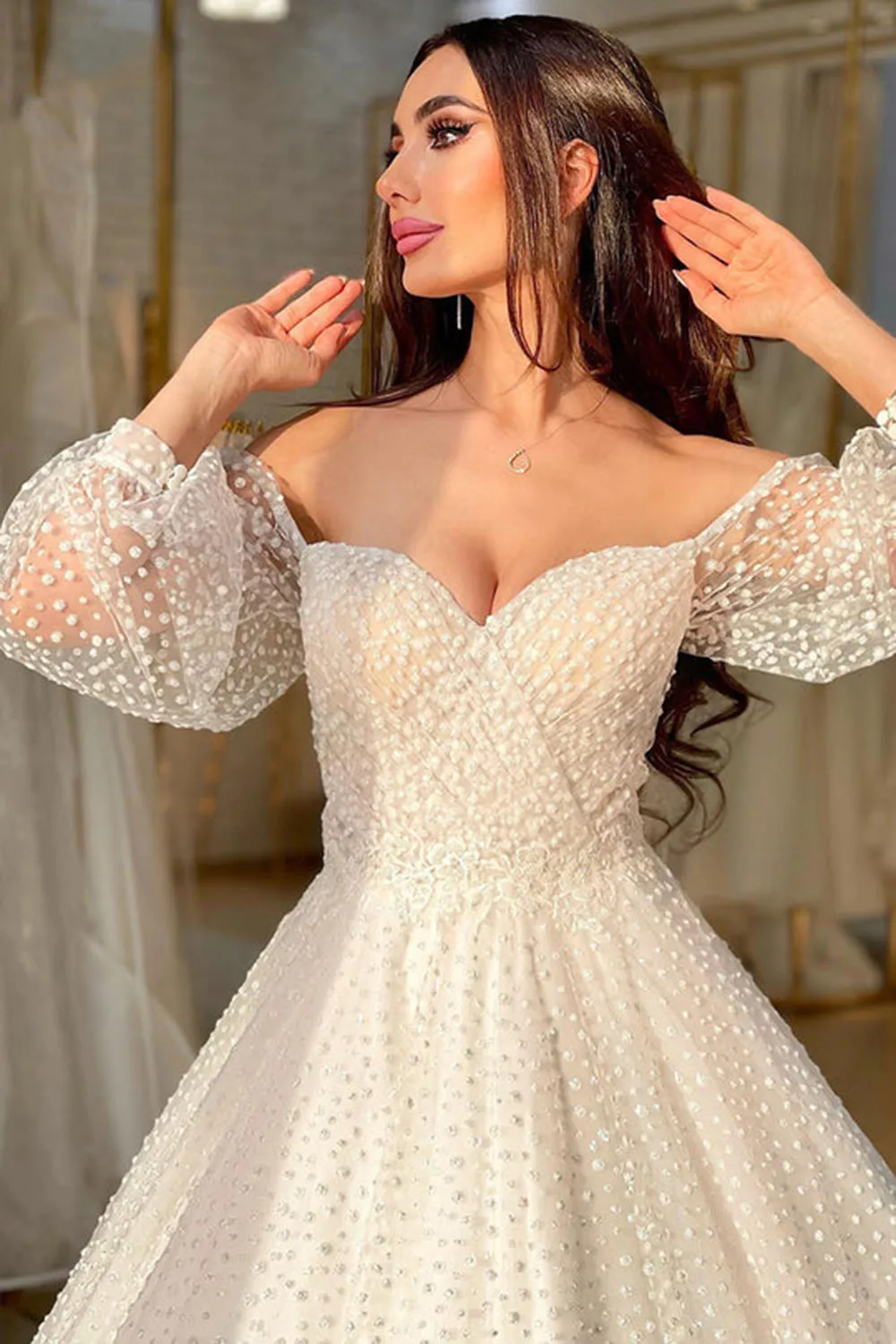 Msikoods A LLine Glitter Polka Dot Wedding Dress 2023 Puff Sleeves Party Boho Bridal Dresses Women Bridal Gowns Plus Size