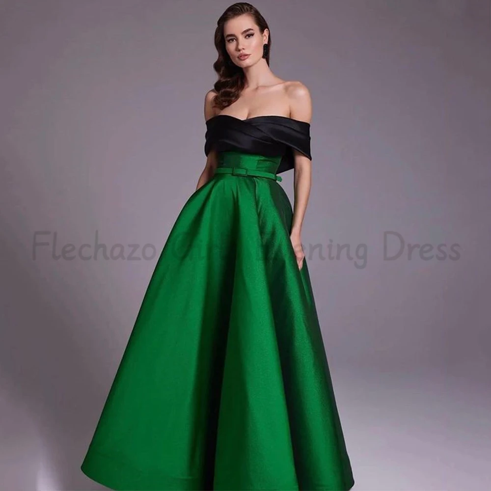 Flechazo-vestido de noite fora do ombro com cinto, vestidos de baile até o chão, mangas curtas, preto e verde, cor dupla