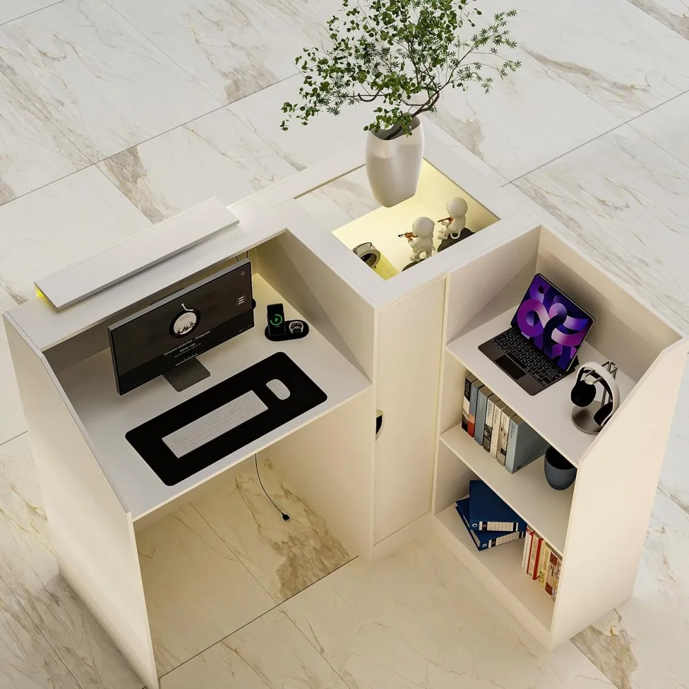 مكتب استقبال مع عداد، ضوء LED ملون، أرفف زجاجية أمامية ومفتوحة، عداد بيع بالتجزئة مع رف زجاجي قابل للتعديل #4