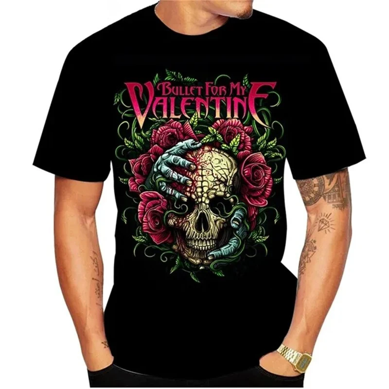 Funny 3D Rose Skull Print Men's T Shirt Hip Hop Punk Streetwear Terror Beauty Pattern Short Sleeve Tops Summer Oversized T-shirt