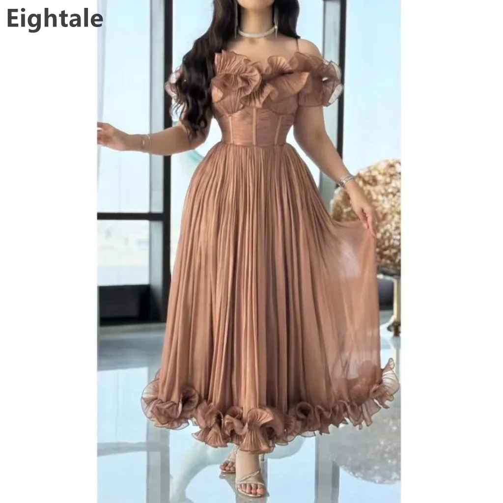 

Eightale 2025 Tea Length Ruffles Off Shoulder Evening Dress For Wedding Party Formal Prom Dress Dubai Party Gown