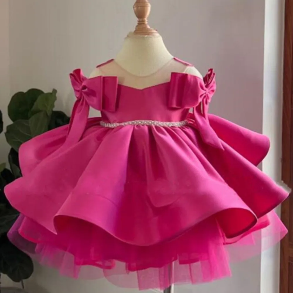 

Girl's satin princess dress new fluffy dress flower girl bow vestidos elegantes para fiestas de noche